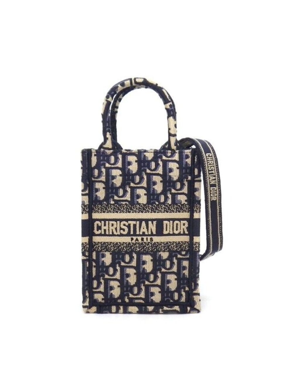 Dior Shoulder Bag Book Tote Mini Vertical Phone Ecru White Blue Cotton